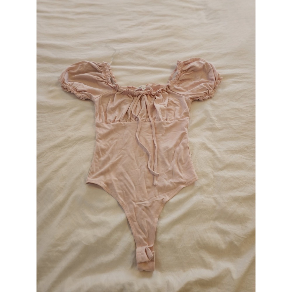 Celebrity‎ Pink Blush Pink Puff Sleeve Bodysuit XS Ruched Off Shoulder